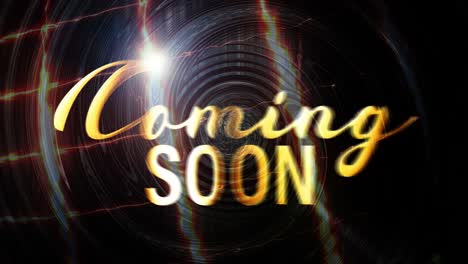 el tráiler de la película de ciencia ficción llegará pronto texto. 4k 3d renderización de bucle sin costuras título cinematográfico futurista de oro venir pronto texto con patrón de luz de energía parpadeante en fondo de tecnología abstracta oscura.