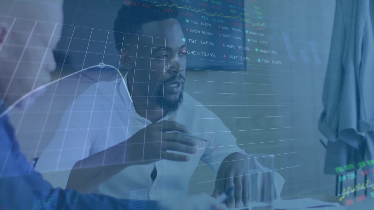 Financial data charts animation over business people discussing in office