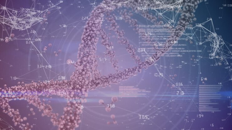 Turning DNA strand on blue and purple background