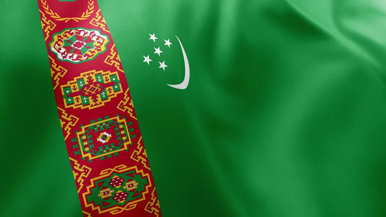 Animation of the national flag of Turkmenistan, green field with white crescent, five stars, and distinctive red carpet band, waving gently in the wind