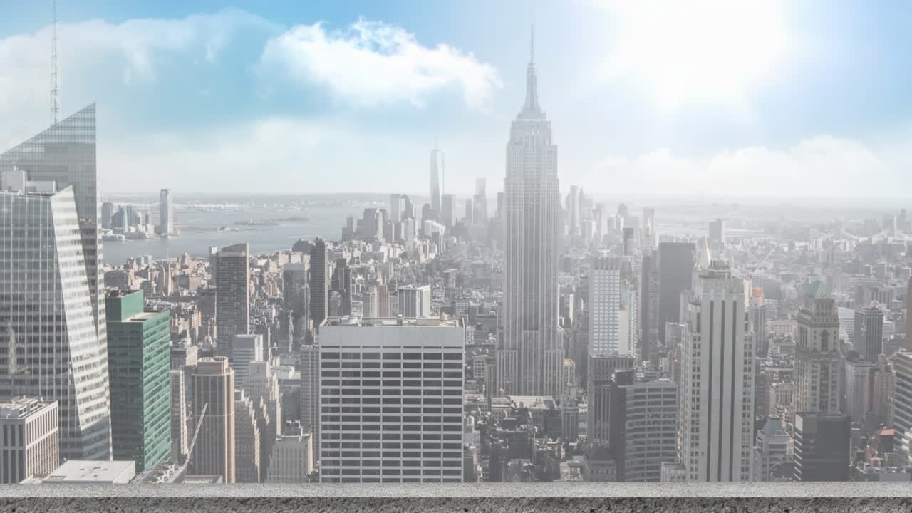 Animation of business icons over cityscape