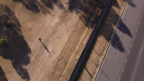 a dynamic top-down aerial shot of a walking woman across the la plata park in buenos aires, argentina