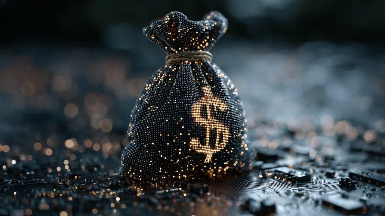 A Glimmering Money Bag Illuminated by Sparkling Lights, Representing Wealth, Prosperity, and the Promise of Financial Success in a Digital World