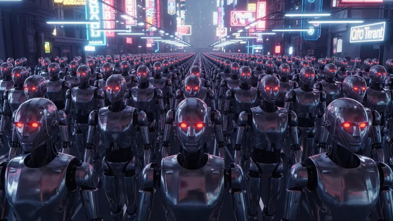 A Dystopian Scene of Advanced Robotics: A Row Upon Row of Identical, Glowing-Eyed Androids Marching Through a Futuristic Cityscape, Highlighting the Unity of Technology and Structure