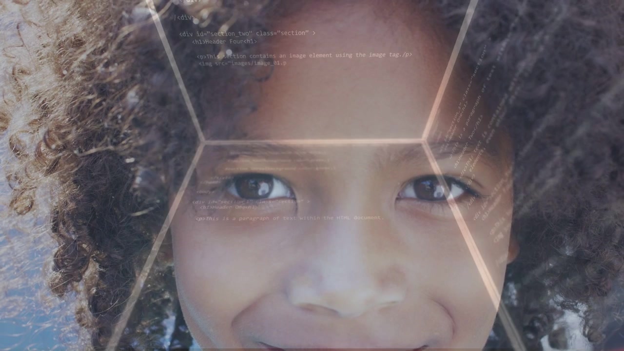 Boy holding gaze while wireframe fading in, projecting radial light streaks and tech code lines