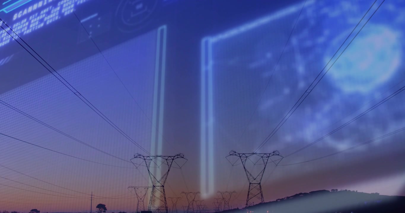 Camera pulling back, HUD neon panels and orb hovering while revealing powerline corridor at dusk
