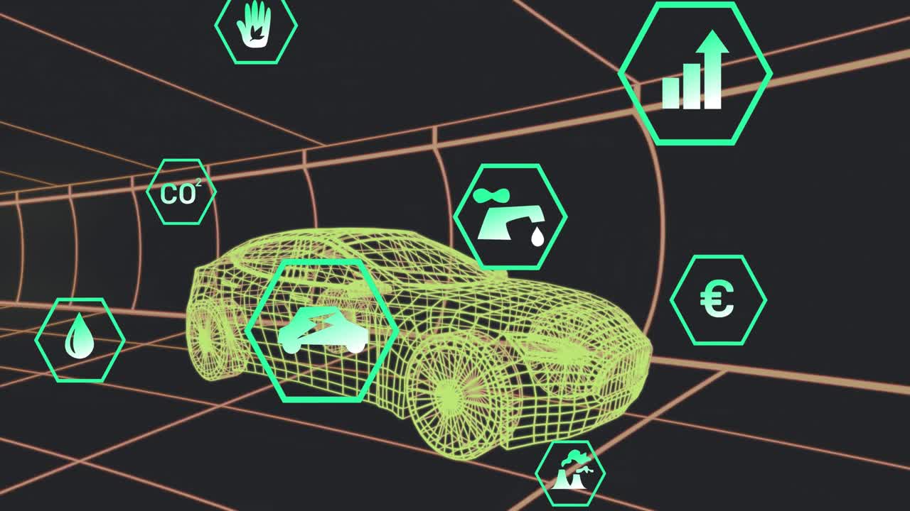 animación de múltiples iconos digitales sobre un modelo de coche 3d que se mueve en un patrón sin costuras sobre un fondo negro