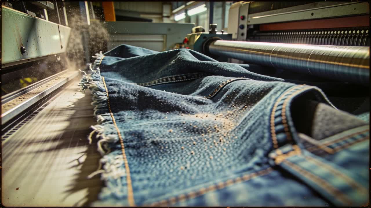Anlaufendes Förderband zieht ausgefranstes Denim-Kleidungsstück zu einer Metallwalze an einer Textillinie und erzeugt dabei eine Staubfahne.