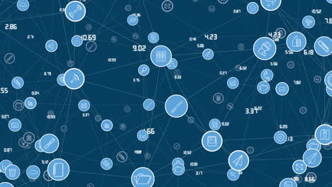 Animation of icons connected with lines and numbers over blue background