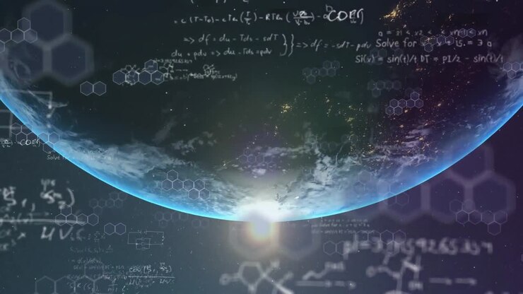 Equazioni matematiche e strutture chimiche che fluttuano sopra un globo su sfondo blu
