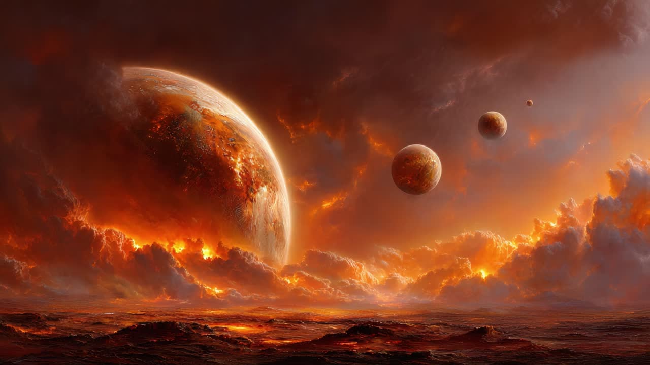 A Breathtaking Cosmic Scene with Celestial Bodies Surrounded by Fiery Clouds Illuminating a Distant Universe in Stunning Detail and Colorful Patterns