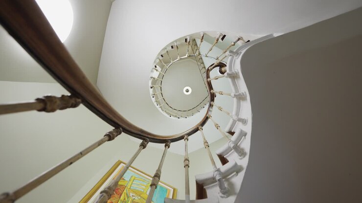 Toma en ángulo bajo giratoria de escalera de caracol en un antiguo edificio histórico