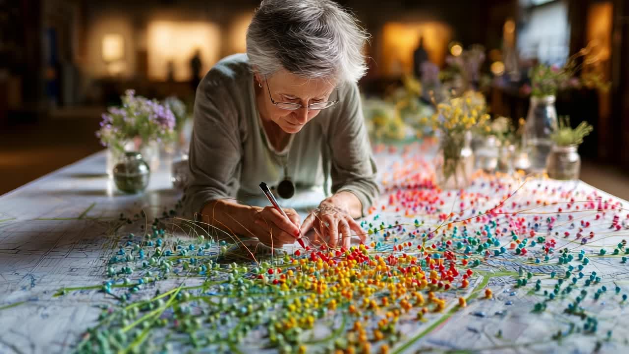 Artistic Journey of a Senior Woman Creating a Colorful Map with Decorative Pins, Carefully Placing Each One to Form a Beautiful, Intricate Design with Vibrant Details and Textures