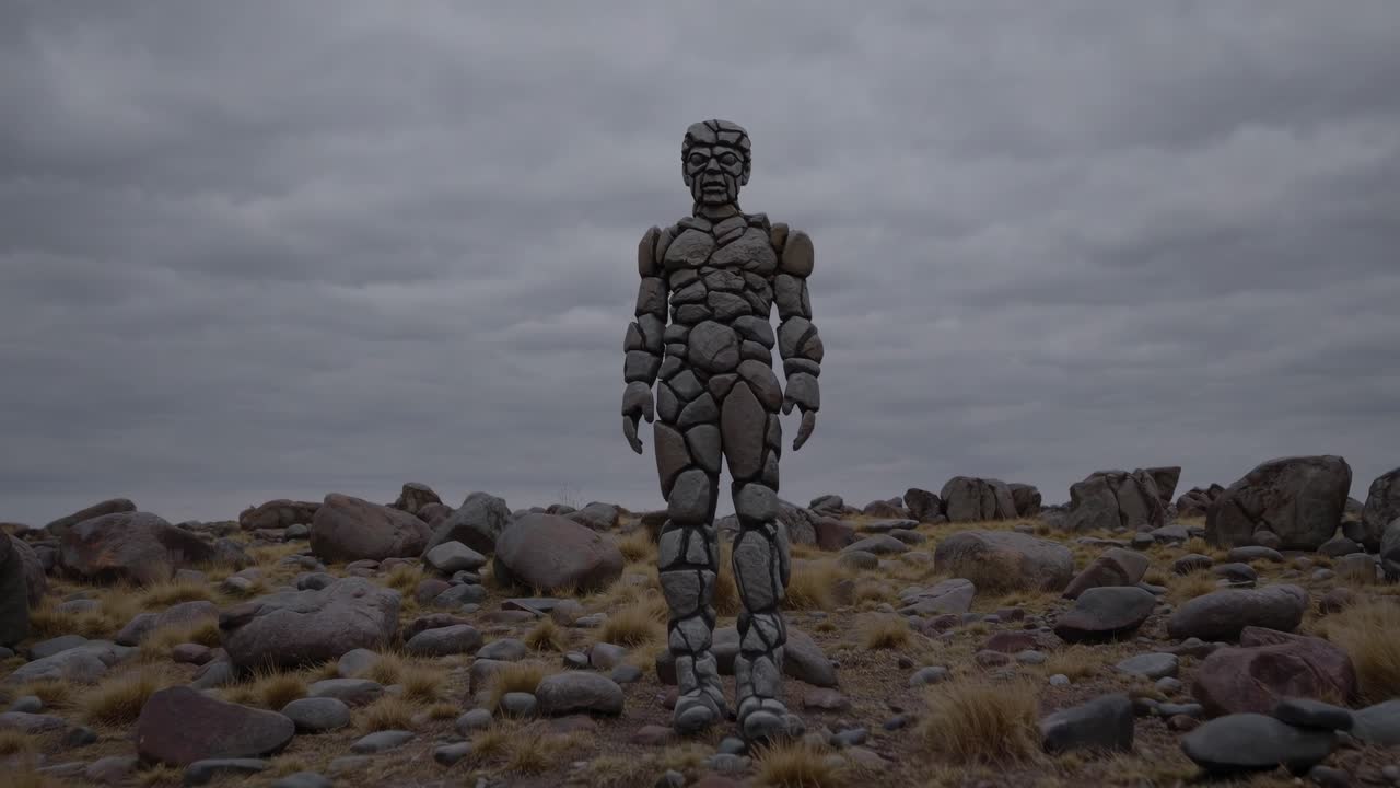 Mysterious stone golem towering in a rugged landscape, surrounded by boulders under a cloudy sky, radiating an aura of ancient power and captivating mystery