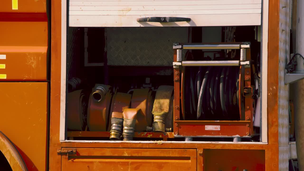 Firefighters' equipment in a truck for drill