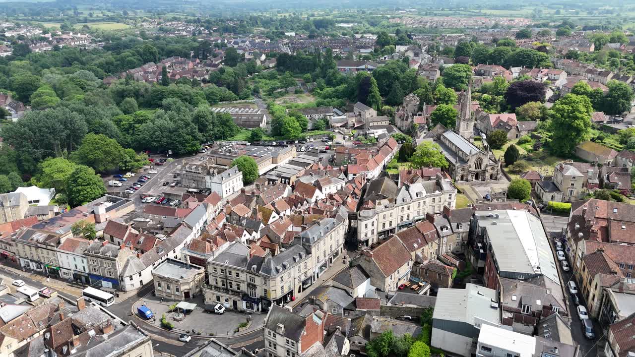 Establishing aerial shot Frome town centre in Somerset UK summer