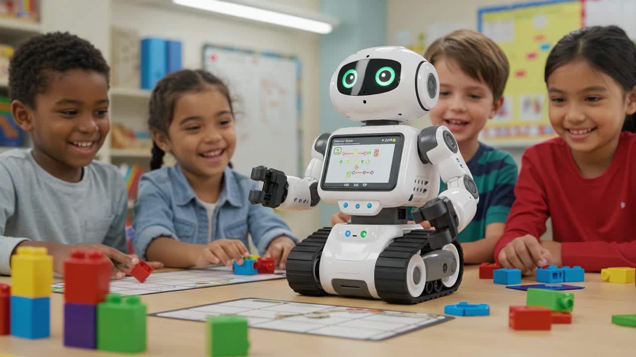A Group of Children Engaging with a Friendly Learning Robot While Playing with Colorful Building Blocks in a Classroom Environment