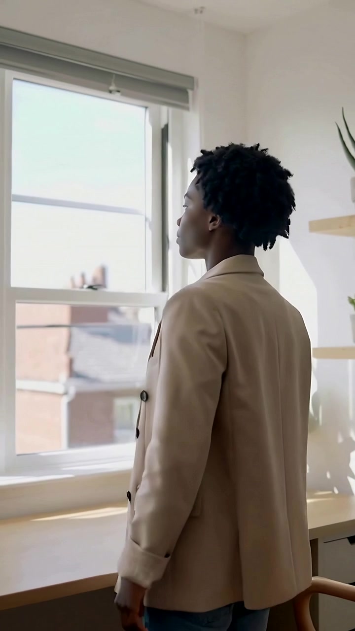 Video verticale: Notando la luce del sole, una donna in blazer si raddrizza, si gira e guarda fuori dalla finestra dello studio.