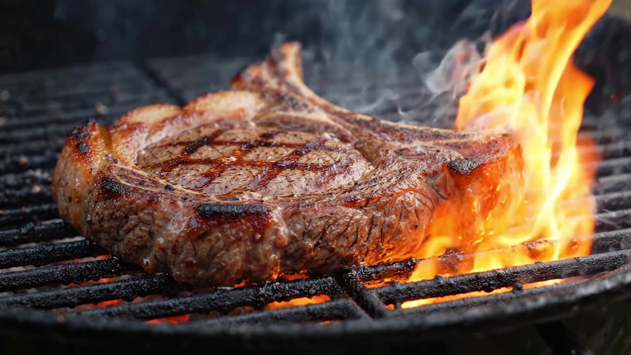 Juicy Grilled Steak on Barbecue Grill, Perfectly Cooked with Flames and Smoke Creating an Appetizing Outdoor Dining Experience