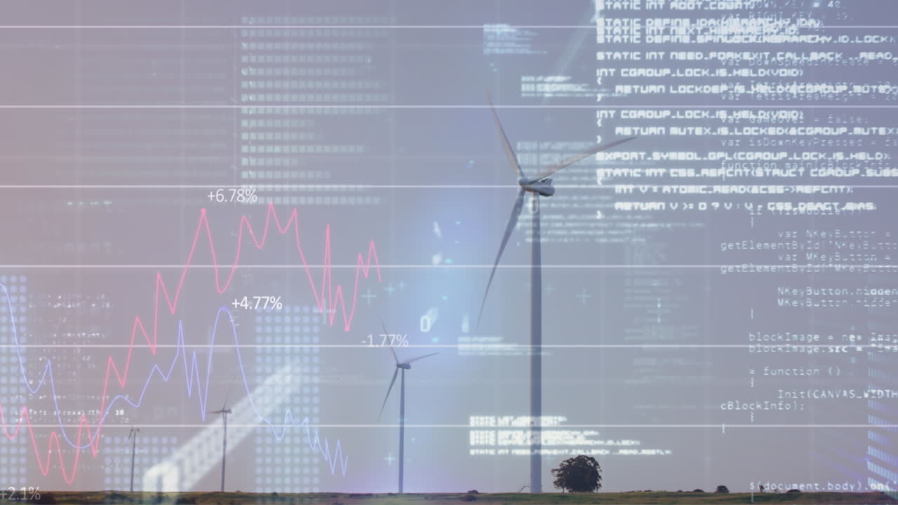 그래프, 바이너리 코드 및 컴퓨터 언어의 애니메이션을 하늘에 대한 풍차 위에