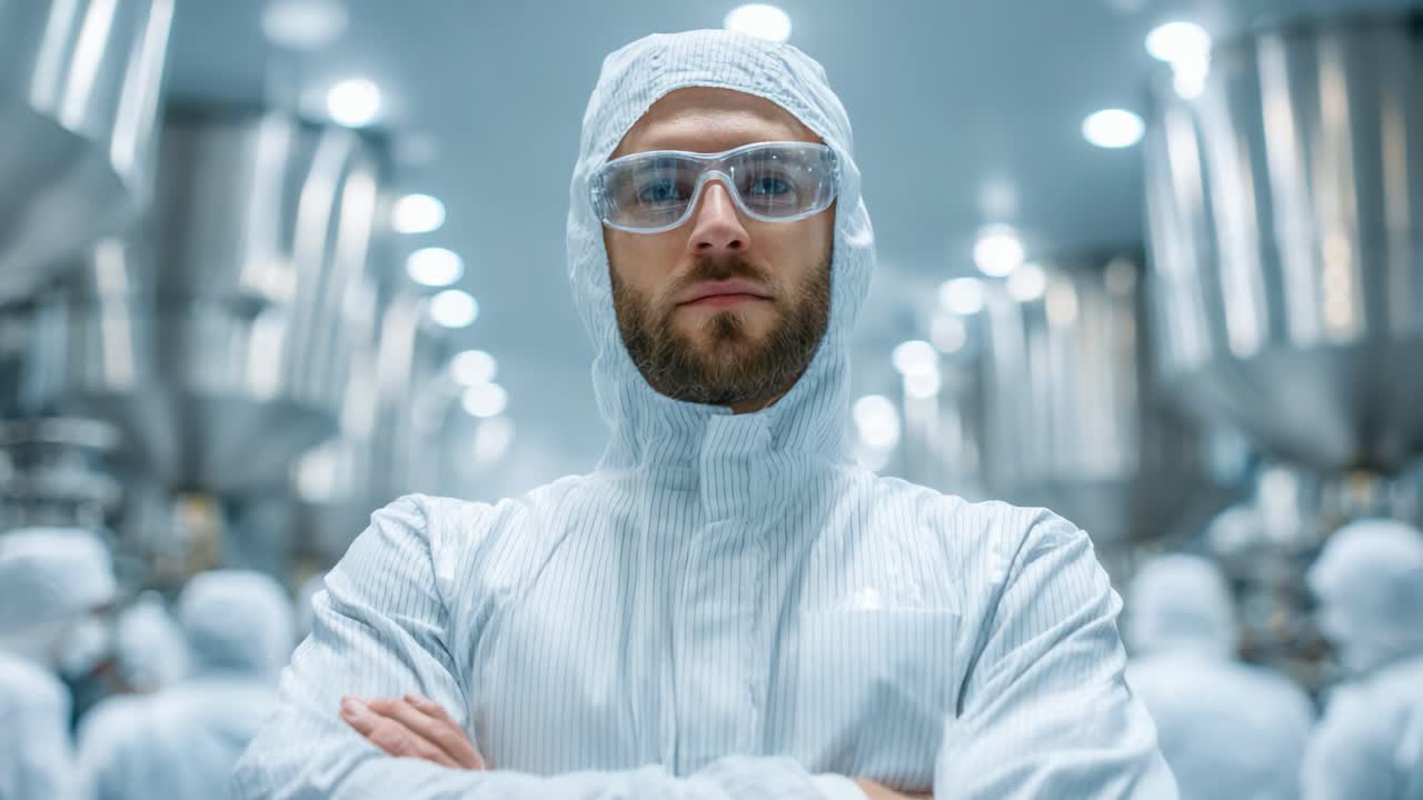 A Focused Professional in Protective Gear Stands Confidently Amidst a Cleanroom Environment, Exuding Precision and Expertise in a High-Tech Facility