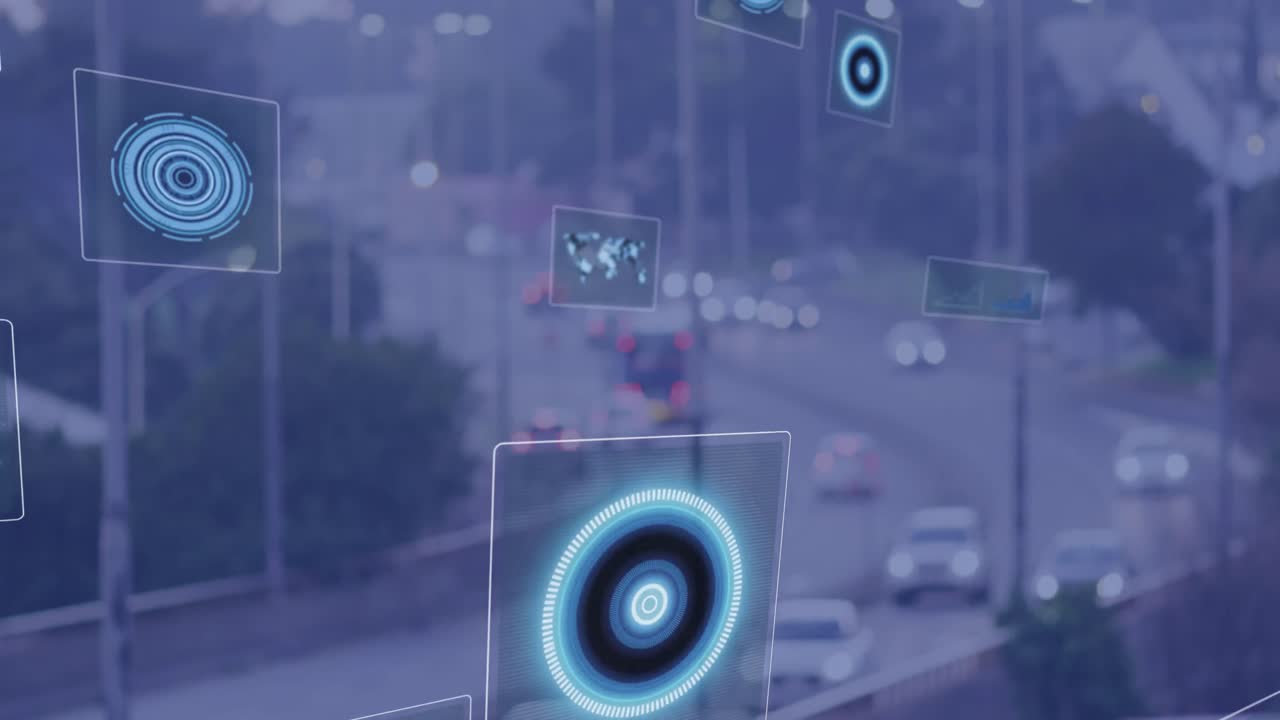 Animation of scopes scanning and data processing over cityscape