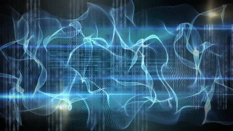 Animation-of-shapes-and-light-trails-over-data-processing-on-black-background