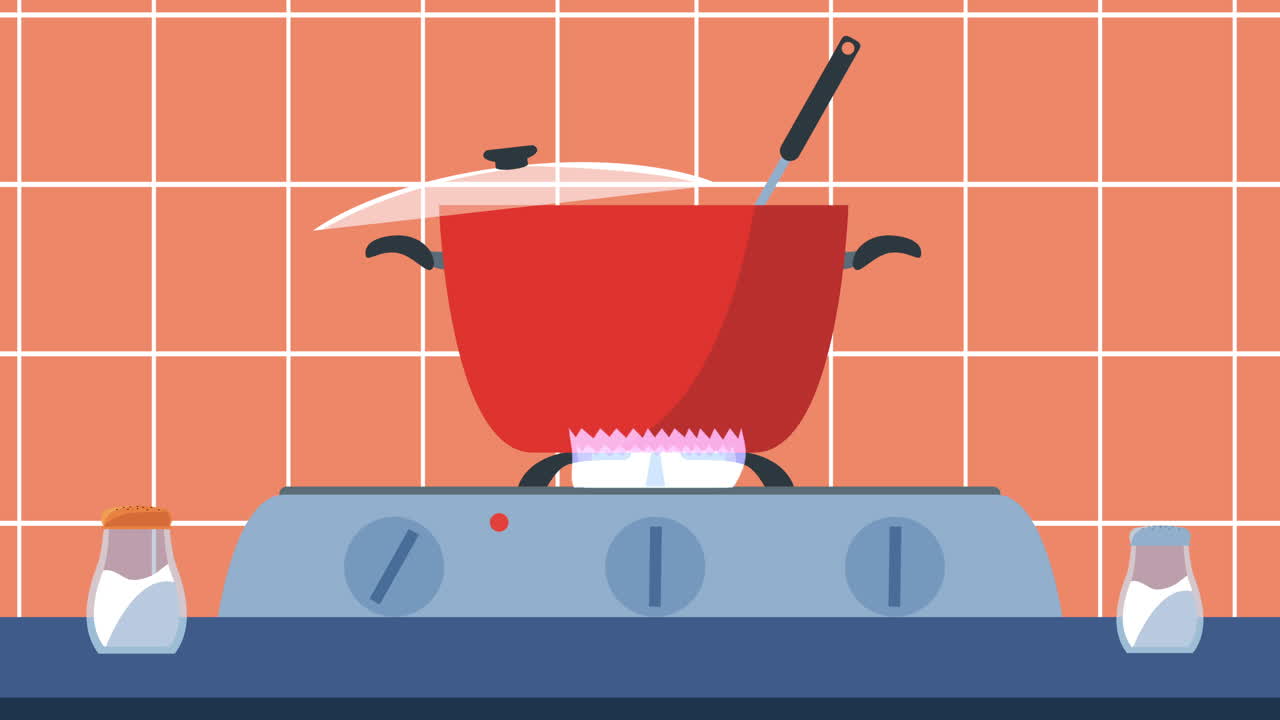 kitchen oven with pot cooking animation