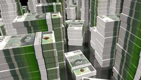 vuelo en 3d sobre el zloty polaco animación de bucle de paquetes de billetes de dinero
