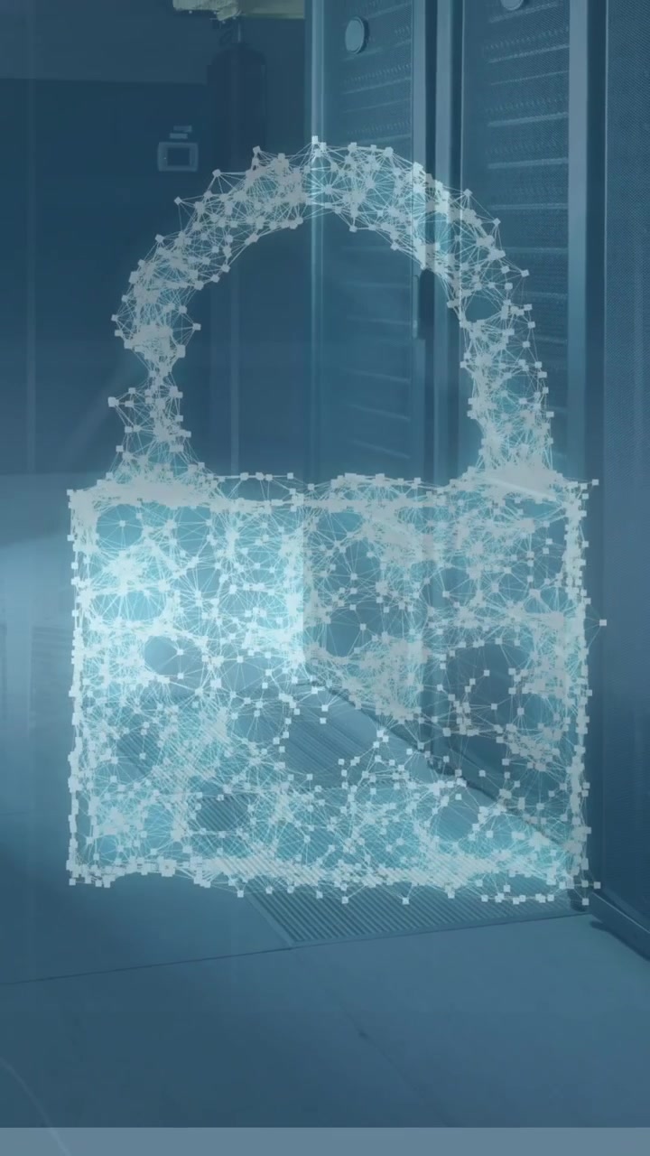 Animation of security padlock, shield and cloud icon and data processing against server room