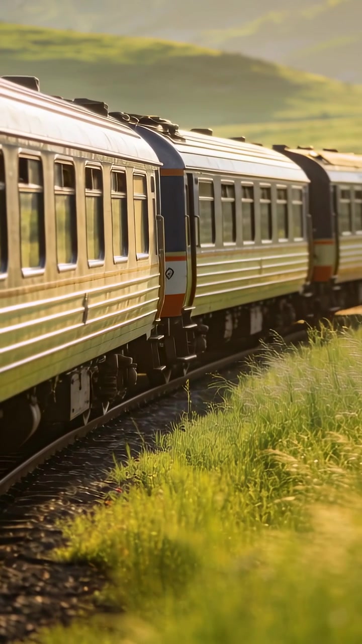 Passenger train entering frame and curving along track for rail b-roll, camera tracking wheels