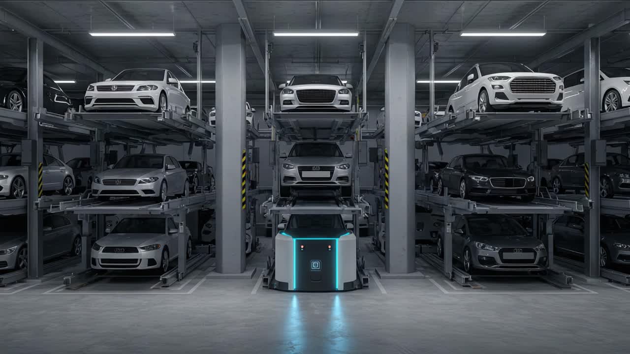 Innovative Automated Parking Garage Showcasing Multiple Vehicle Levels with Futuristic Design and Efficient Space Utilization for Urban Mobility Solutions