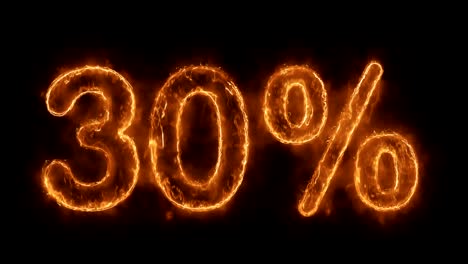 30% percent off word hot animated burning realistic fire flame loop.