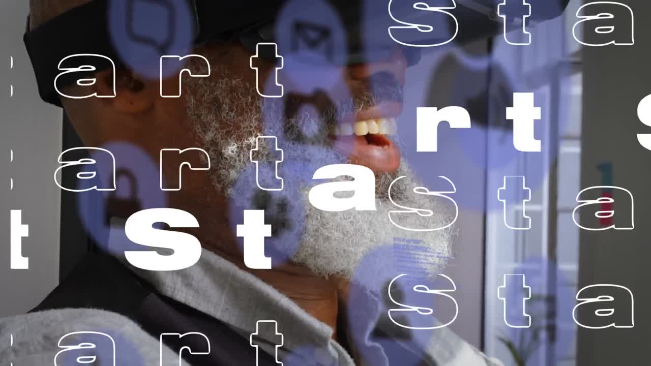 animación del procesamiento de datos sobre un hombre afroamericano usando auriculares vr