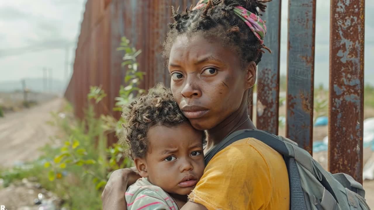 A mother holds her child near a border fence