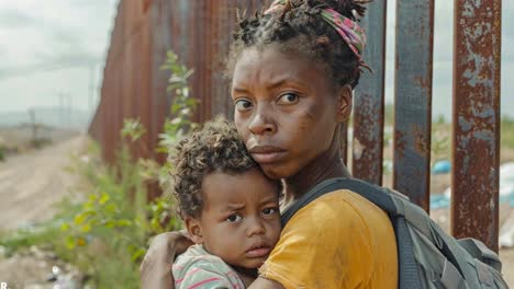 a mother holds her child near a border fence