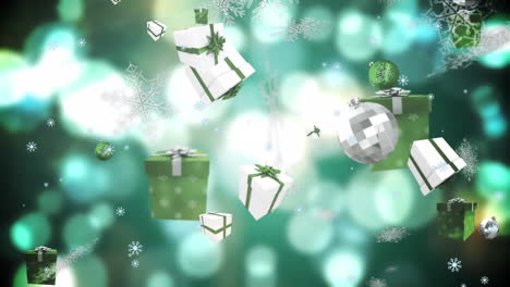 animación de regalos de navidad y bolas que caen sobre las luces de hadas de navidad.