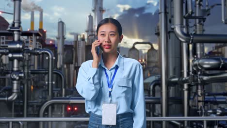 businesswoman talking on phone at an industrial plant