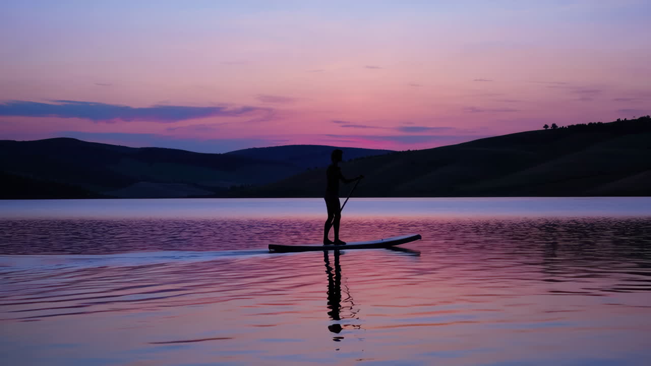 A person paddleboarding on a lake at sunset