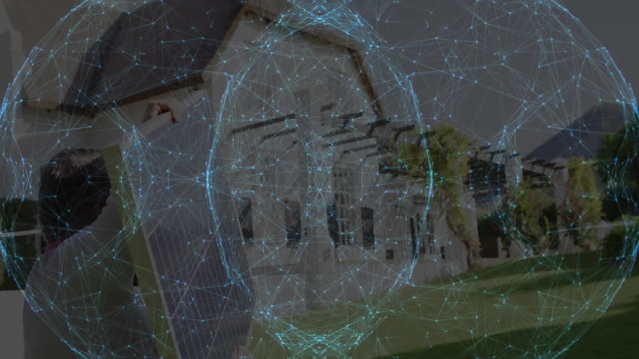 man carrying solar panel in suburban backyard, showing animated energy icons and chart