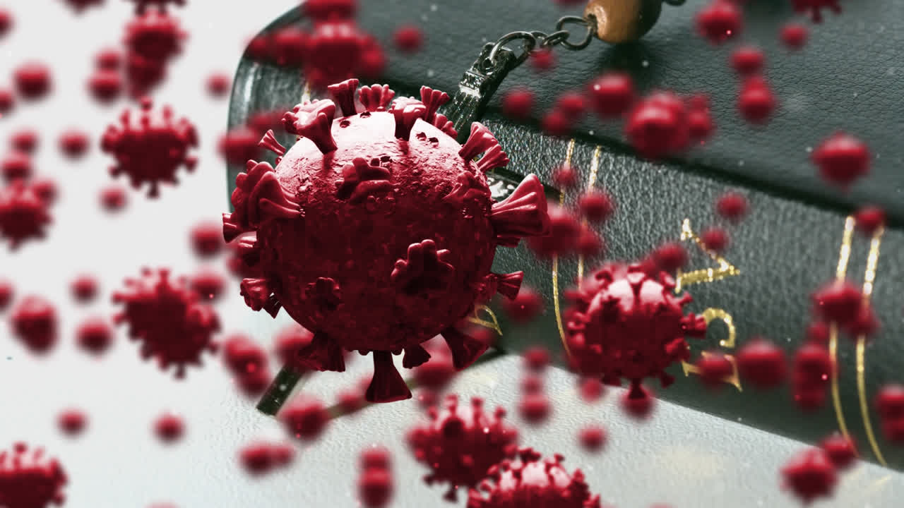 Covid-19 cells moving against rosary on Bible