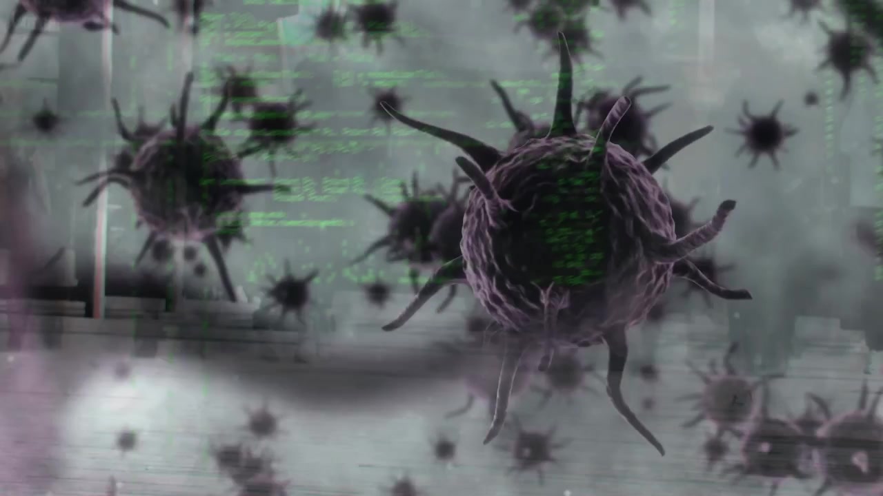 Animation of purple macro corona virus floating with data against city street