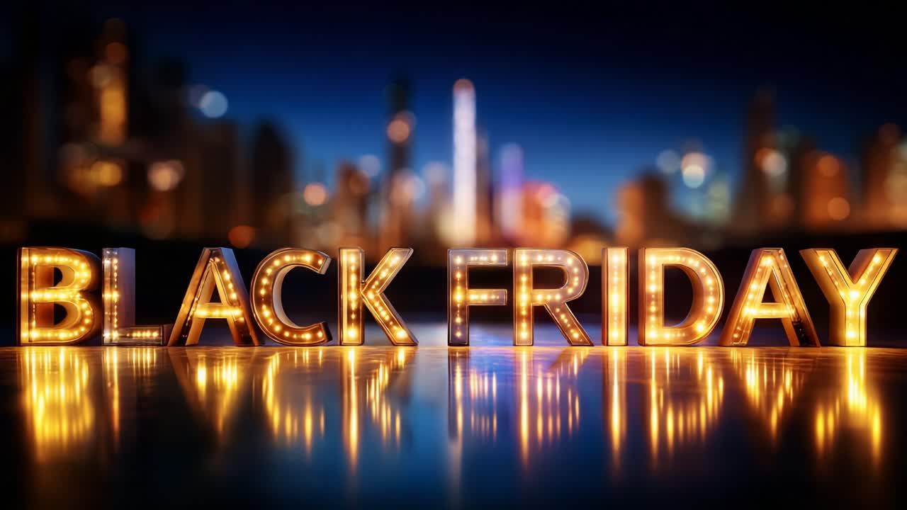 Illuminated Black Friday Sign Displayed Against a Night Cityscape with Bright Lights and Reflections, Capturing the Excitement of Shopping Season and Holiday Promotions