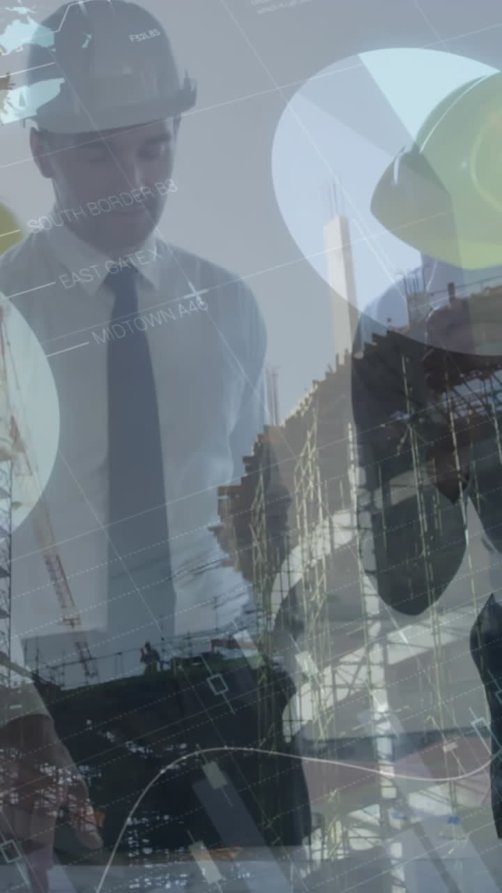 animación del procesamiento de estadísticas sobre arquitectos masculinos y femeninos hablando en el sitio de construcción