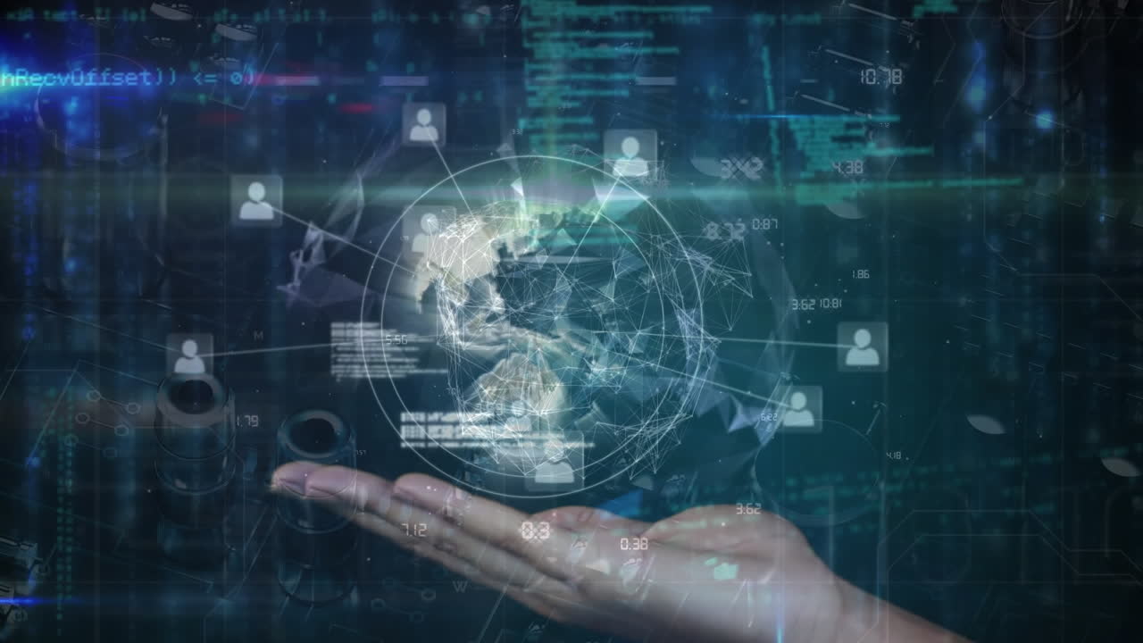 animación de un globo en mano con una red de conexiones y procesamiento de datos sobre fondo negro