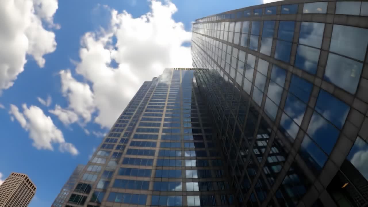 A striking glass building towers above in an urban setting, reflecting fluffy clouds while sunshine illuminates the scene. The architecture stands against a vibrant blue sky, showcasing modern design.