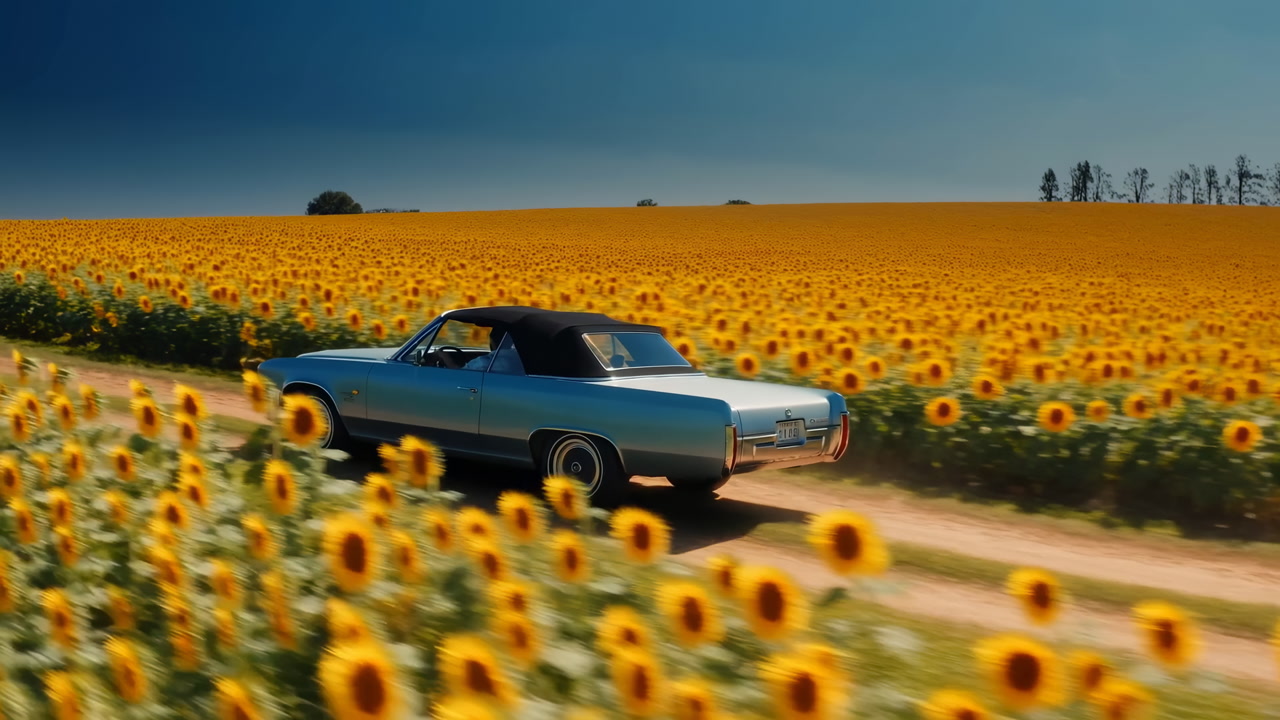 Vintage Convertible Driving Past Sunflower Field, Golden Blooms Stretching To Horizon, Dusty Country Road