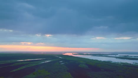 beautiful natural landscape with river and forest in early morning, view from drone, 4k, prores