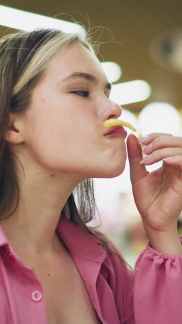 dama blanca en vestido rosa sentada en el restaurante juguetón coloca patatas fritas en sus labios superiores, luego las quita con una sonrisa, con luces borrosas suaves y colores vibrantes del restaurante