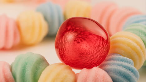 colorful pastel candies with a red center